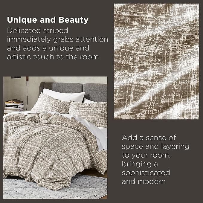 Hyde Lane Full/Queen Comforter Set, Taupe Boho Modern Aesthetic Soft Bedding, Plaid Lines Pattern Neutral Bed Sets for All Season, 3 Pieces includes 1 Comforter, 2 Shams (90"x 90") - LeafyLoom