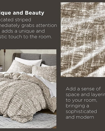 Hyde Lane Comforter King Size for Men, Taupe Modern Farmhouse Aesthetic Soft Bedding Set, Masculine Plaid Lines Pattern Bed Sets for All Season, 3 Pieces includes 1 Comforter, 2 Shams (104"x 90") - LeafyLoom