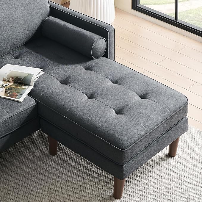 Vonanda Sectional Couch L Shaped Couch, Convertible Sectional Sofa with Reversible Chaise and Tufted Seat, Fabric Small Couch for Apartment and Small Living Space, Dark Grey - LeafyLoom