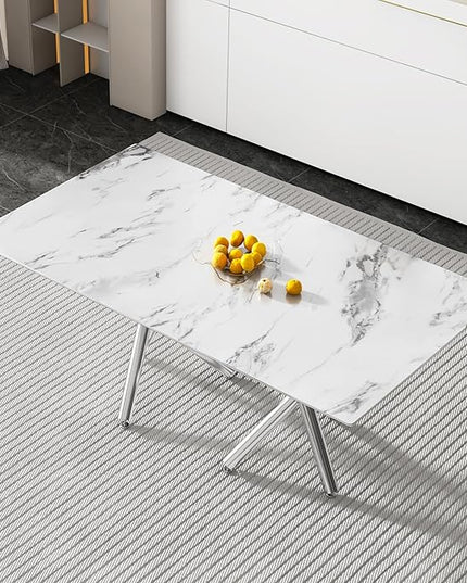 NicBex Large Modern Simple Rectangular Glass Dining Table for 6-8 People with 0.39-Inch White Imitation Marble Desktop and Silver Metal Legs for Banquet Hall, White Marble + Silver - LeafyLoom
