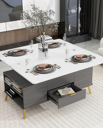 47 Inch Lift Top Coffee Table with 4 Drawers, Modern Center Table with Extendable Tabletop and Open Shelf, Multi Functional Coffee Table for Living Room, White+Grey - LeafyLoom