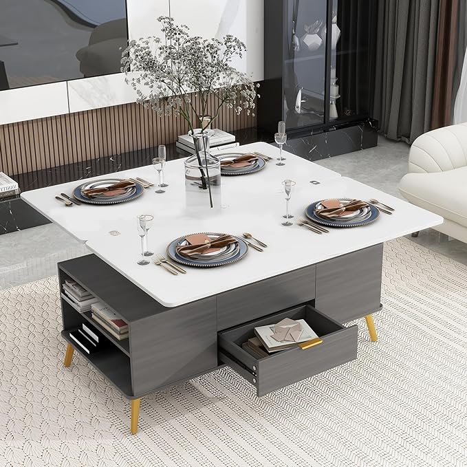 47 Inch Lift Top Coffee Table with 4 Drawers, Modern Center Table with Extendable Tabletop and Open Shelf, Multi Functional Coffee Table for Living Room, White+Grey - LeafyLoom