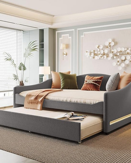Teddy Fleece Full Size Upholstered Daybed with LED Light and Trundle,Modern Wood Platform Bed W/Side Stripes,Easy Assembly,for Bedroom,Living Room,Guestroom,Gray - LeafyLoom
