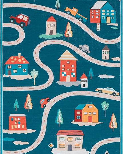nuLOOM Zita Neighborhood Machine Washable Kids Ultra Thin Area Rug, 7' x 9', Blue Multi - LeafyLoom