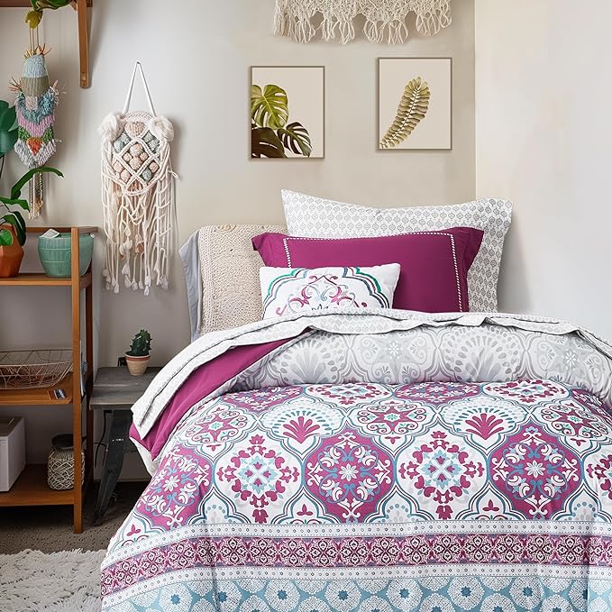 Degrees of Comfort Twin XL Complete Comforter Sets, Lattice Boho Bed in A Bag,Microfiber Bedding Set with Side Pockets, Matching Decorative Pillow, 6 Piece Purple - LeafyLoom
