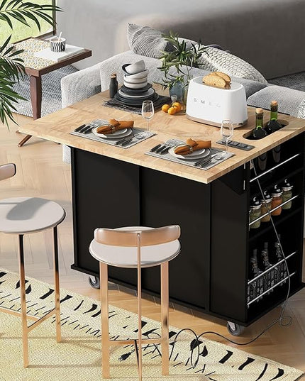 Kitchen Island with Power Outlet,Drop Leaf and Rubber Wood,Open Storage & Wine Rack,Storage Cart with 5 casters,w/Adjustable Storage for Home, Kitchen, and Dining Room, Black - LeafyLoom