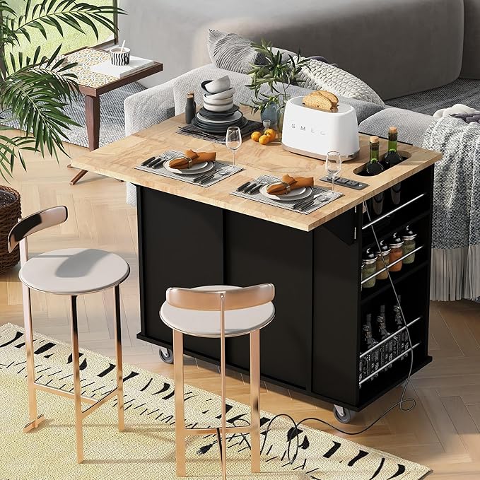 Kitchen Island with Power Outlet,Drop Leaf and Rubber Wood,Open Storage & Wine Rack,Storage Cart with 5 casters,w/Adjustable Storage for Home, Kitchen, and Dining Room, Black - LeafyLoom