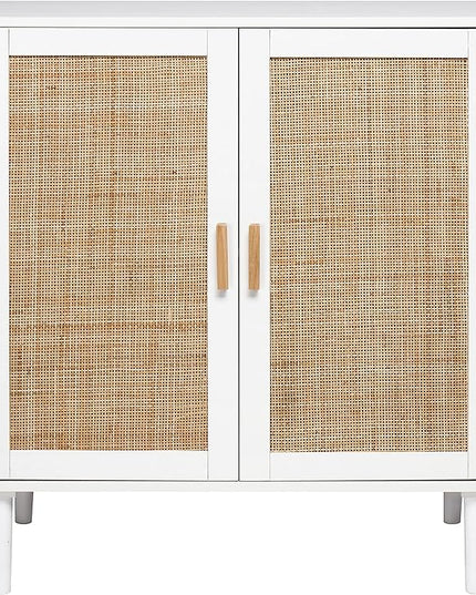 Finnhomy Sideboard Buffet Storage Liquor Cabinet with Rattan Decorated Doors, Kitchen, Dining Room, Hallway, Cupboard Console Table, Accent Cabinet, 31.5X 15.8X 34.6 Inches, White - LeafyLoom