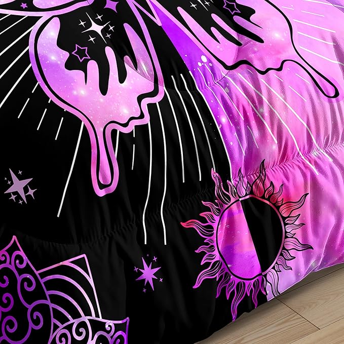 Butterfly Comforter Set for Girls Women, Butterfly Bed Set, Boho Butterflies with Sun and Moon Printed Bedding Sets, Black Purple Butterfly Comforter Set Full Size with 2 Pillowcases - LeafyLoom