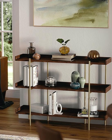 Martha Stewart Emmett 3 Shelf Bookcase with Vertical Metal Frame, Home Office Storage Display Unit, 35"H, Walnut Wood Grain/Polished Brass - LeafyLoom