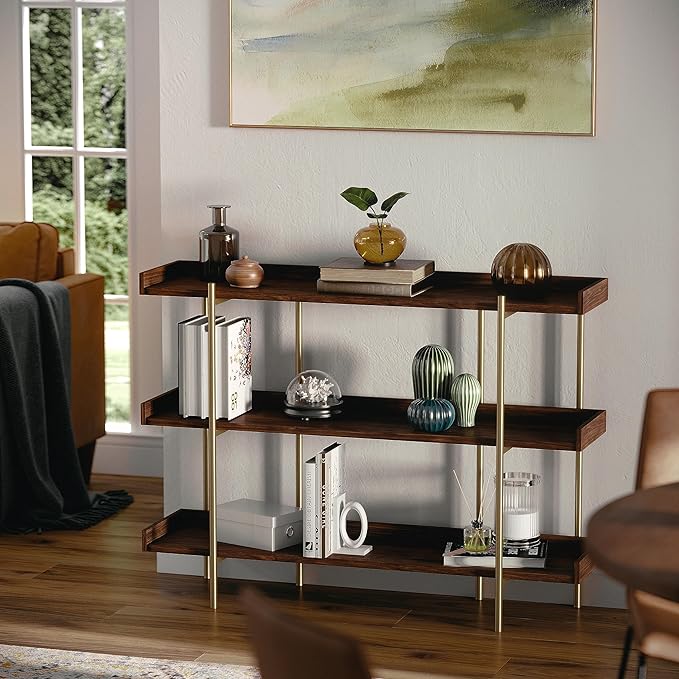 Martha Stewart Emmett 3 Shelf Bookcase with Vertical Metal Frame, Home Office Storage Display Unit, 35"H, Walnut Wood Grain/Polished Brass - LeafyLoom