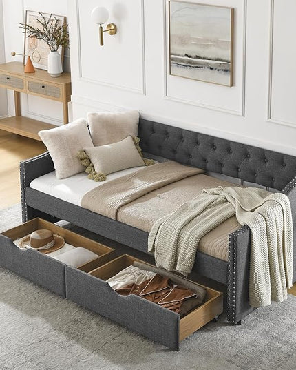 Twin Size Daybed with Two Storage Drawers, Linen Upholstered Tufted Sofa Bed w/Button on Back and Copper Nail on Waved Shape Arms, for Bedroom Living Room, No Box Spring Needed, Dark Grey - LeafyLoom