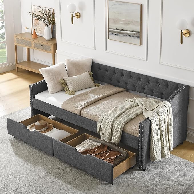 Twin Size Daybed with Two Storage Drawers, Linen Upholstered Tufted Sofa Bed w/Button on Back and Copper Nail on Waved Shape Arms, for Bedroom Living Room, No Box Spring Needed, Dark Grey - LeafyLoom