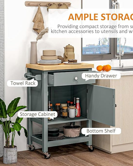 HOMCOM Utility Kitchen Cart, Rolling Kitchen Island with Smooth Rubberwood Top, Narrow Butcher Block Surface on Wheels with Storage Drawer & Cabinet, Gray - LeafyLoom