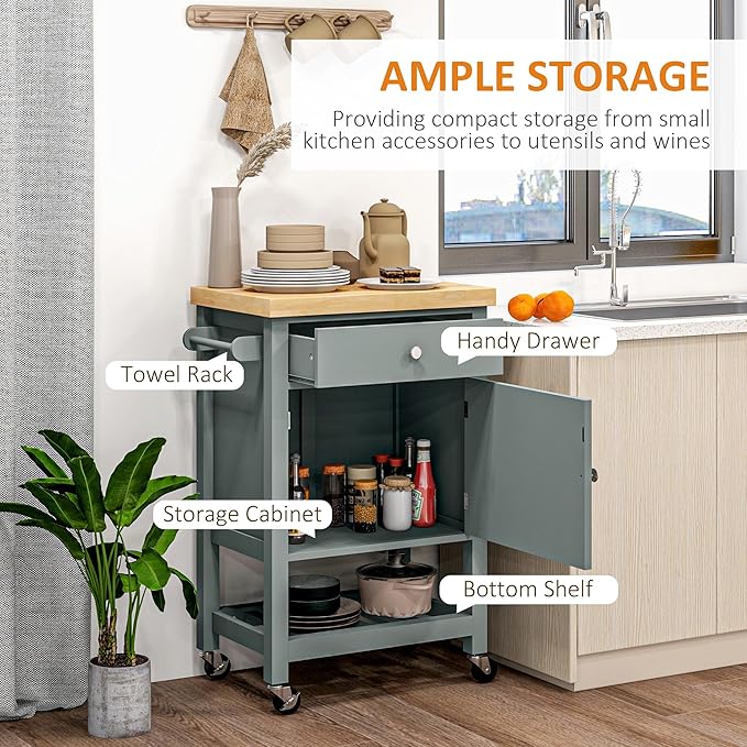 HOMCOM Utility Kitchen Cart, Rolling Kitchen Island with Smooth Rubberwood Top, Narrow Butcher Block Surface on Wheels with Storage Drawer & Cabinet, Gray - LeafyLoom