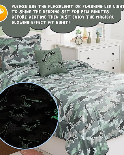 KALEIDOSPACE Kids Comforter Set Twin Size for Boys, Glow in The Dark Dinosaur Bedding Set Twin-1 Twin Comforter, 1 Decor Pillow, 1 Pillow Sham - LeafyLoom