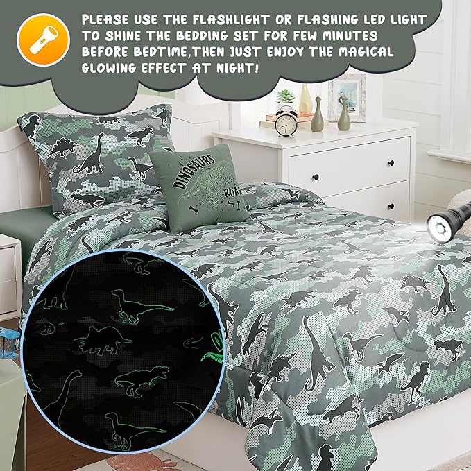 KALEIDOSPACE Kids Comforter Set Twin Size for Boys, Glow in The Dark Dinosaur Bedding Set Twin-1 Twin Comforter, 1 Decor Pillow, 1 Pillow Sham - LeafyLoom