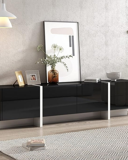 Merax Contemporary Rectangle Design TV Stand for Television Up to 80", Unique Style Console Table, Modern Storage Cabinet with High Gloss UV Surface for Living Room, 74.8" Length, Black - LeafyLoom