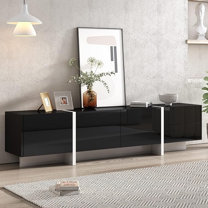 Merax Contemporary Rectangle Design TV Stand for Television Up to 80", Unique Style Console Table, Modern Storage Cabinet with High Gloss UV Surface for Living Room, 74.8" Length, Black - LeafyLoom