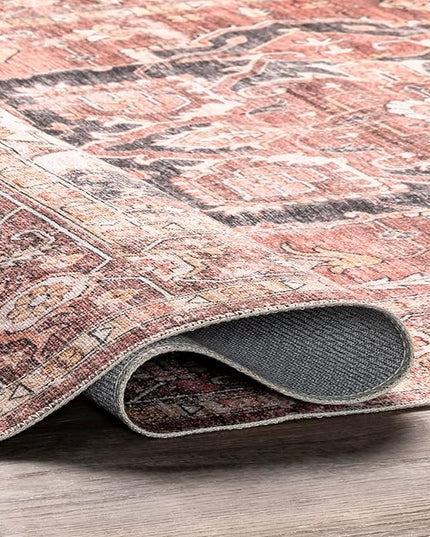 nuLOOM Emmy Faded Persian Machine Washable Ultra Thin Area Rug, 5' x 8', Red - LeafyLoom