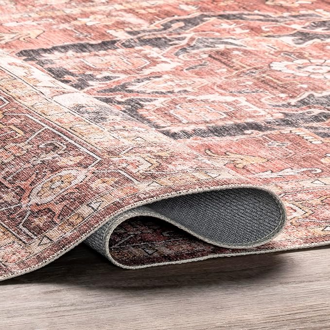 nuLOOM Emmy Faded Persian Machine Washable Ultra Thin Area Rug, 5' x 8', Red - LeafyLoom