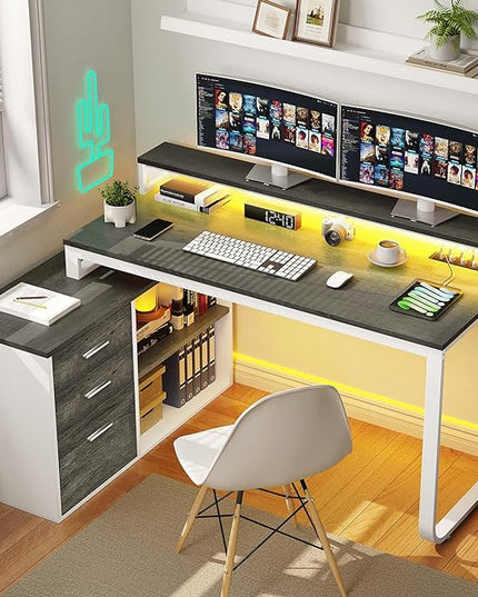 YITAHOME L Shaped Desk with 3 Drawers, 55" Corner Computer Desk with Power Outlets & LED Lights, L-Shaped Desk with File Cabinet for Home Office, White & Grey - LeafyLoom