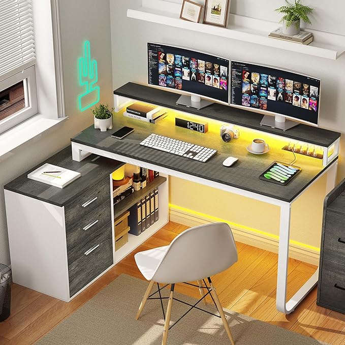 YITAHOME L Shaped Desk with 3 Drawers, 55" Corner Computer Desk with Power Outlets & LED Lights, L-Shaped Desk with File Cabinet for Home Office, White & Grey - LeafyLoom