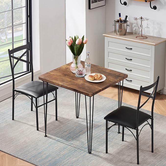 VECELO 3-Piece Dining Room Kitchen Table and Pu Cushion Chair Sets for Small Space, Seating for two, Brown - LeafyLoom