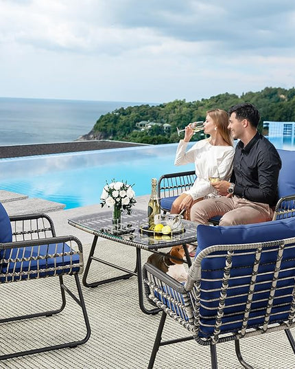 YITAHOME 4-Piece Patio Furniture Wicker Outdoor Bistro Set, All-Weather Rattan Conversation Loveseat Chairs for Backyard, Balcony and Deck with Soft Cushions and Metal Table (Navy Blue) - LeafyLoom