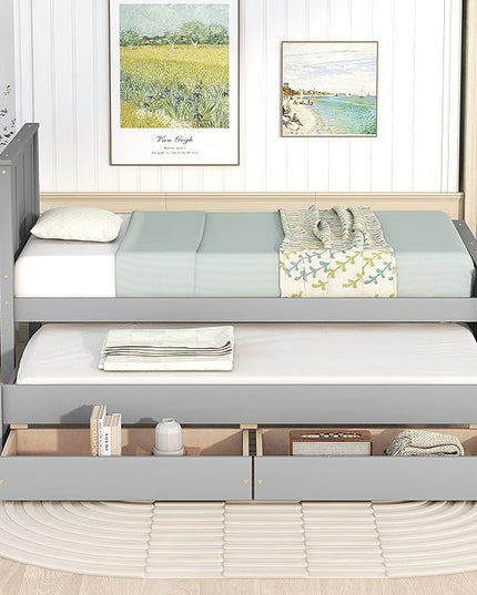 Merax Wood Bed with Trundle and 2 Drawers Twin Daybed Frame for kids Teens Adults/No Box Spring Needed Grey - LeafyLoom