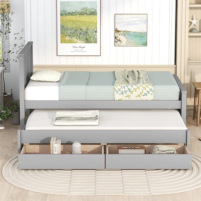 Merax Wood Bed with Trundle and 2 Drawers Twin Daybed Frame for kids Teens Adults/No Box Spring Needed Grey - LeafyLoom