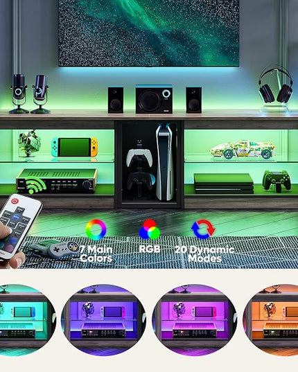 Bestier TV Stand for 70 inch TV, Gaming Entertainment Center for PS5, LED TV Cabinet with Glass Shelves for Living Room, 63'' Inch, Grey Wash - LeafyLoom