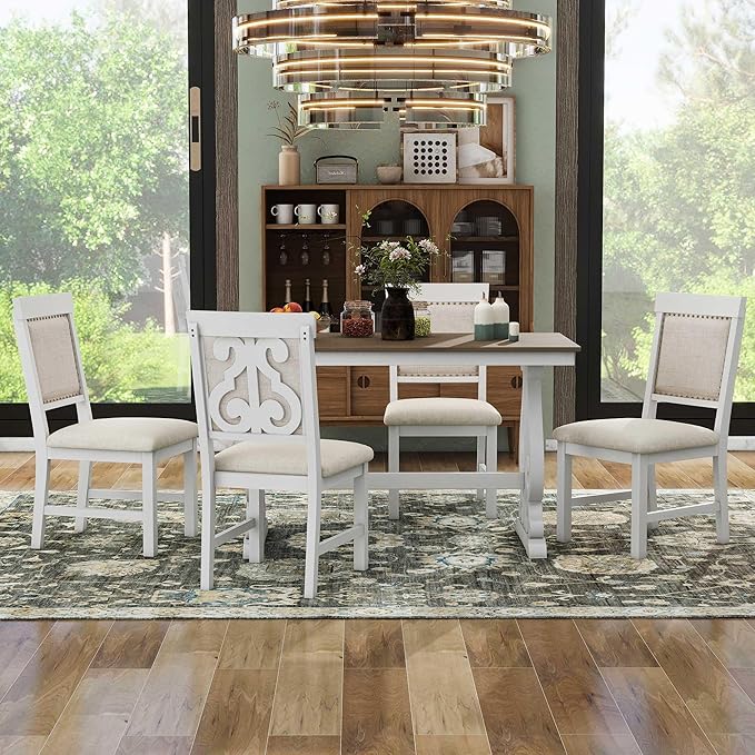 NicBex Dining Table Set for 4 Kitchen & Dining Room Tables 5-Piece Retro Dining Set, Rectangular Wooden Dining Table and 4 Upholstered Chairs for Dining Room and Kitchen, Brown + White - LeafyLoom