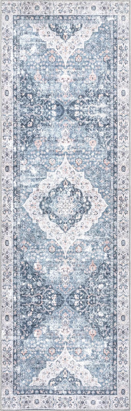 nuLOOM Elsa Floral Blossom Machine Washable Ultra Thin Runner Rug, 2' 6" x 8', Blue - LeafyLoom