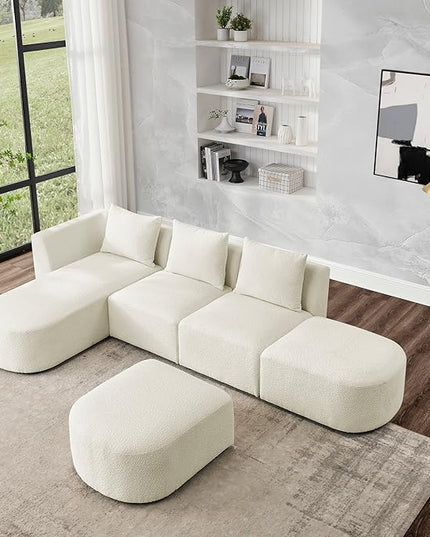 113" L-Shape Sectional Side Chaise and Ottoman, Modular Sofa, DIY Combination, Loop Yarn Fabric for Living Room, Apartment, 113inch, Beige Left - LeafyLoom