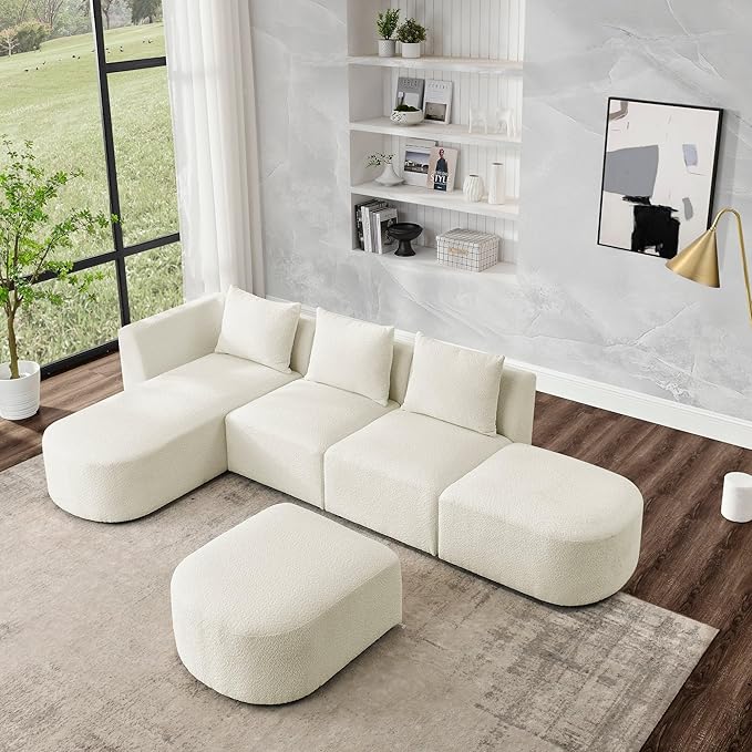 113" L-Shape Sectional Side Chaise and Ottoman, Modular Sofa, DIY Combination, Loop Yarn Fabric for Living Room, Apartment, 113inch, Beige Left - LeafyLoom