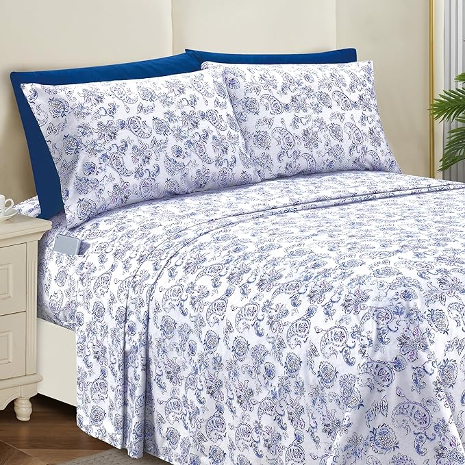 Elegant Comfort Softest and Coziest 6-Piece Sheet Set - 1500 Premium Hotel Quality Microfiber - Deep Pocket, Wrinkle Resistant 6-Piece Paisley Pattern Bed Sheet Set, Queen, Paisley Indigo - LeafyLoom