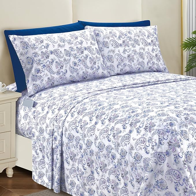 Elegant Comfort Softest and Coziest 6-Piece Sheet Set - 1500 Premium Hotel Quality Microfiber - Deep Pocket, Wrinkle Resistant 6-Piece Paisley Pattern Bed Sheet Set, King, Paisley Indigo - LeafyLoom