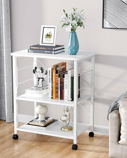Mr IRONSTONE Baker's Rack, Kitchen Microwave Cart, Coffee Bar Table Station, 3-Tier Kitchen Utility Storage Shelf with Rolling Wheels Coffee Cart Kitchen Microwave Stand with 10 Hooks, White - LeafyLoom