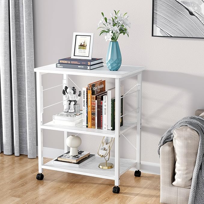 Mr IRONSTONE Baker's Rack, Kitchen Microwave Cart, Coffee Bar Table Station, 3-Tier Kitchen Utility Storage Shelf with Rolling Wheels Coffee Cart Kitchen Microwave Stand with 10 Hooks, White - LeafyLoom