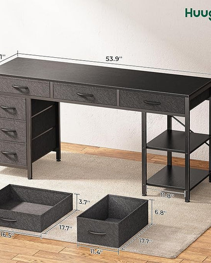 Computer Desk with 6 Drawers, 54 Inch Office Desk with Shelves, Reversible Gaming Desk, Corner Desk with Storage, Work Desk for Home Office, Study, Living Room, Black - LeafyLoom