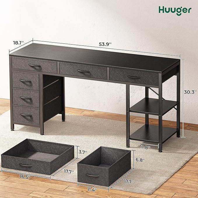 Computer Desk with 6 Drawers, 54 Inch Office Desk with Shelves, Reversible Gaming Desk, Corner Desk with Storage, Work Desk for Home Office, Study, Living Room, Black - LeafyLoom