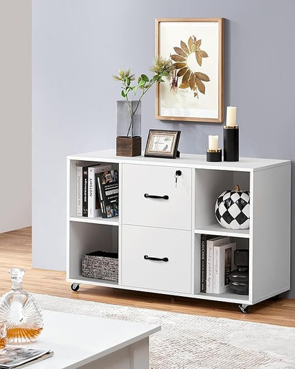 Yaheetech White File Cabinet Mobile Letter Size File Cabinet with 2 Drawers and 4 Open Storage Shelves Large Mobile Lateral Filing Cabinet Printer Stand for Home and Office - LeafyLoom