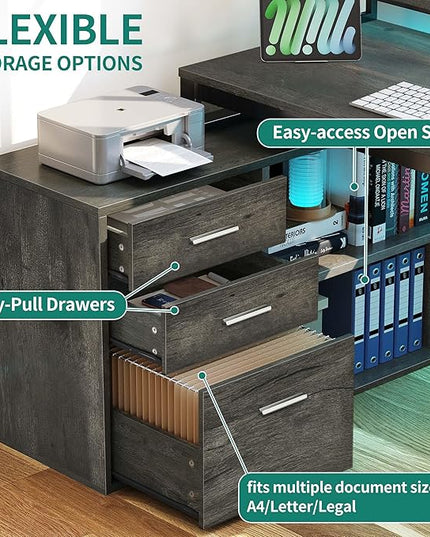 YITAHOME L Shaped Desk with Drawers, 55" Corner Computer Desk with Power Outlets, L-Shaped Desk with LED Lights & File Cabinet for Home Office, Grey - LeafyLoom