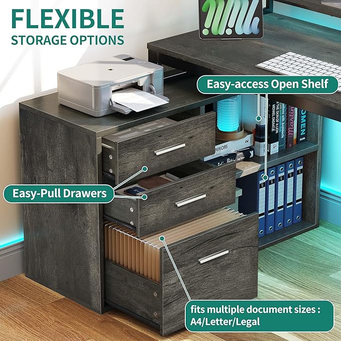 YITAHOME L Shaped Desk with Drawers, 55" Corner Computer Desk with Power Outlets, L-Shaped Desk with LED Lights & File Cabinet for Home Office, Grey - LeafyLoom