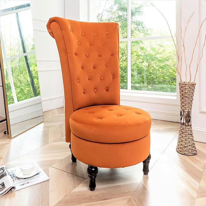 Red Orange Velvet Accent Chair for Vanity with Storage and Luxurious Upholstery, Retro Design and Versatile Usage for Livingroom, Bedroom, Lounge and Office - LeafyLoom