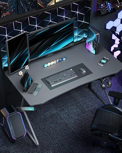 CubiCubi Simple Gaming Desk Z Shaped 47 inch Gamer Workstation, Home Computer Carbon Fiber Surface Gaming Desk PC Table with Headphone Hook, Grey - LeafyLoom