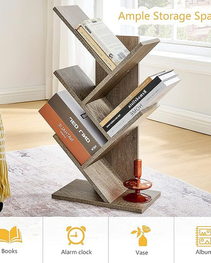 Hoctieon 4 Tier Tree Bookshelf, 4 Shelf Bookcase, Modern Book Storage, Free Standing Tree Bookcase, Utility Organizer Shelves for Home Office, Living Room, Bedroom, Greige - LeafyLoom