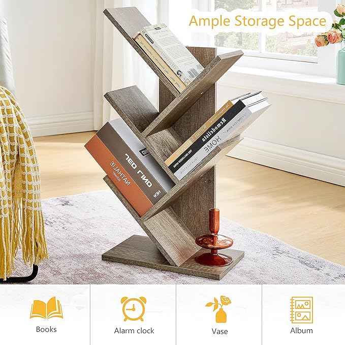 Hoctieon 4 Tier Tree Bookshelf, 4 Shelf Bookcase, Modern Book Storage, Free Standing Tree Bookcase, Utility Organizer Shelves for Home Office, Living Room, Bedroom, Greige - LeafyLoom