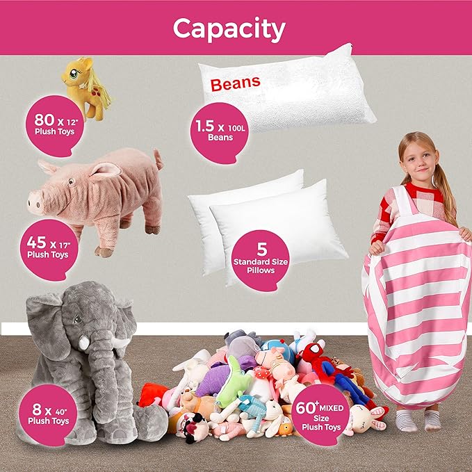Aubliss Stuffed Animal Bean Bag Storage Chair, Beanbag Covers Only for Organizing Plush Toys, Turns into Bean Bag Seat for Kids When Filled, Medium 32"-Canvas Stripes Pink/White - LeafyLoom